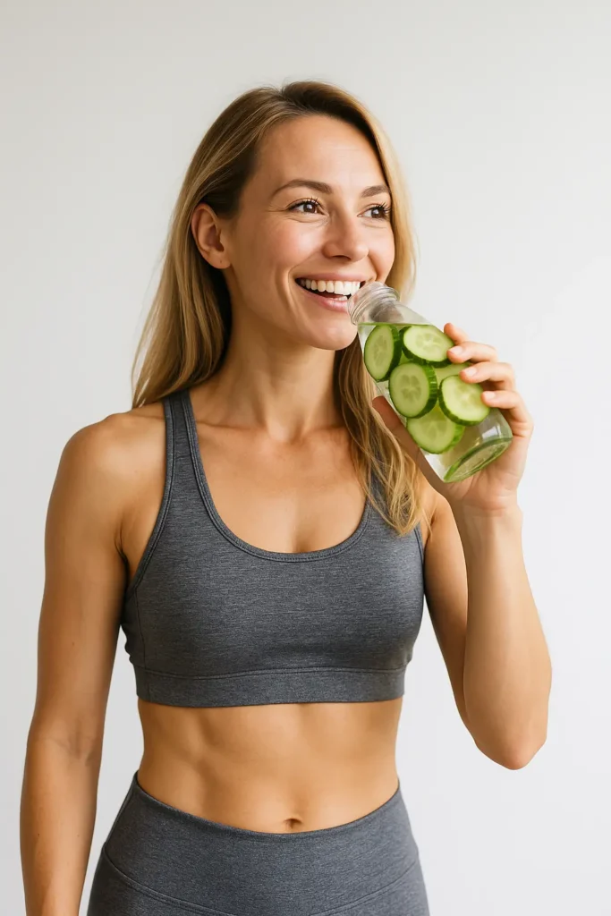 Detox diet benefits with woman drinking cucumber detox water