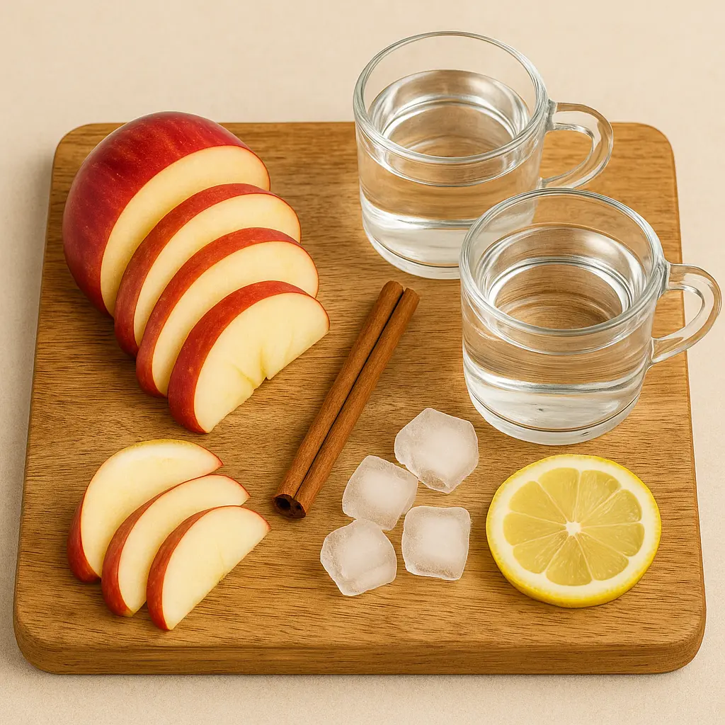 "Sliced red apple, cinnamon stick, lemon slice, water, and ice cubes on a wooden board"