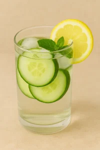 "Glass of cucumber lemon mint water with ice cubes and fresh garnish"