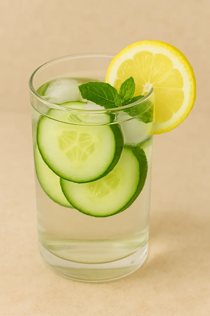 "Glass of cucumber lemon mint water with ice cubes and fresh garnish"