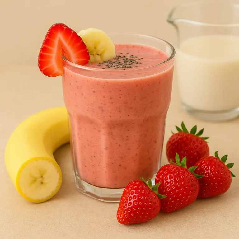 "Strawberry banana smoothie topped with chia seeds in a glass with fresh strawberries and banana"