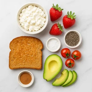 ingredients for low calorie high protein cottage cheese toast laid out flat