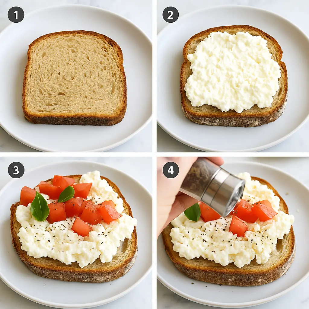 step-by-step preparation of low calorie high protein cottage cheese toast