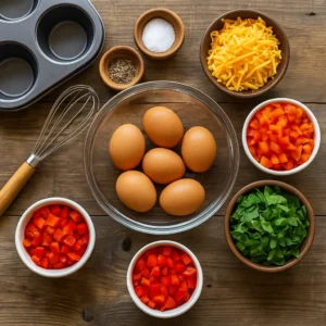 ingredients for breakfast egg muffins laid out on wooden table