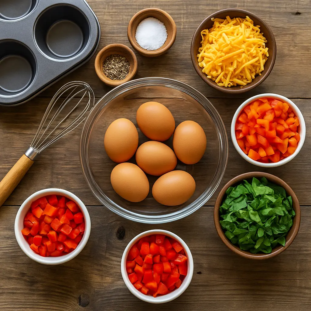 ingredients for breakfast egg muffins laid out on wooden table