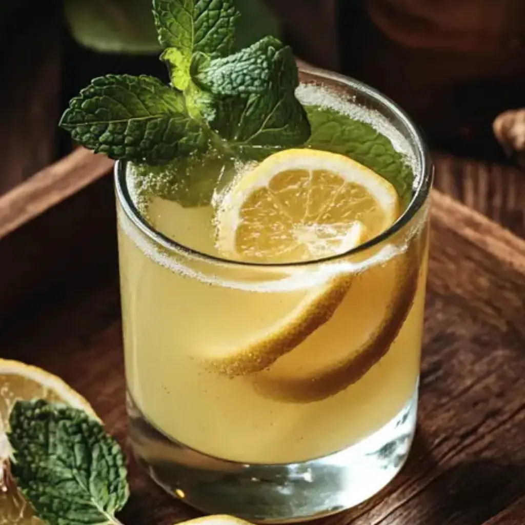 Overnight detox drink with lemon and mint in a glass, rustic wood