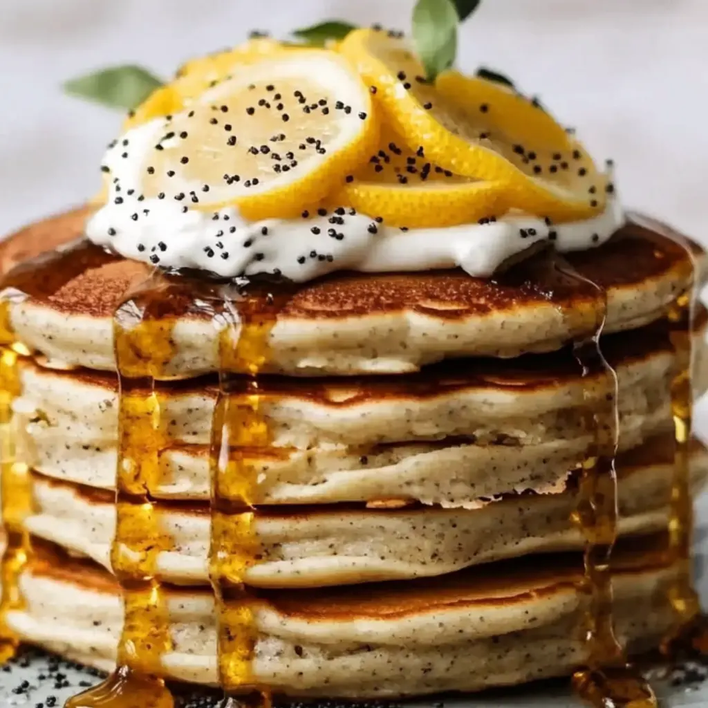 brazilian lemon poppyseed pancakes topped with cream and syrup