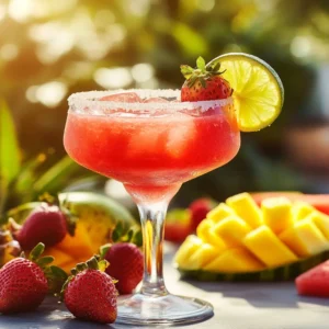 Fruity margarita recipe with strawberry and lime garnish in a sugar-rimmed glass