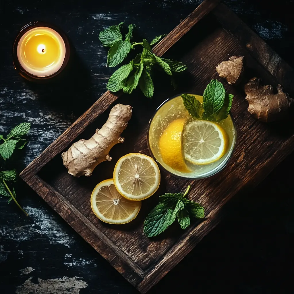 Overnight detox drinks with lemon, ginger, and mint on a rustic tray with candlelight