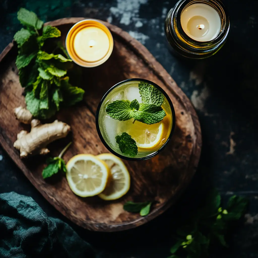 Overnight detox drinks served in glass with lemon slices, mint, and ginger – relaxing night mood