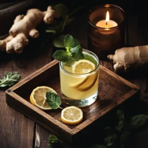 Overnight detox drink with lemon and mint in a glass, rustic wood background and candle