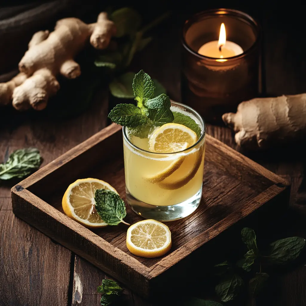 Overnight detox drink with lemon and mint in a glass, rustic wood background and candle