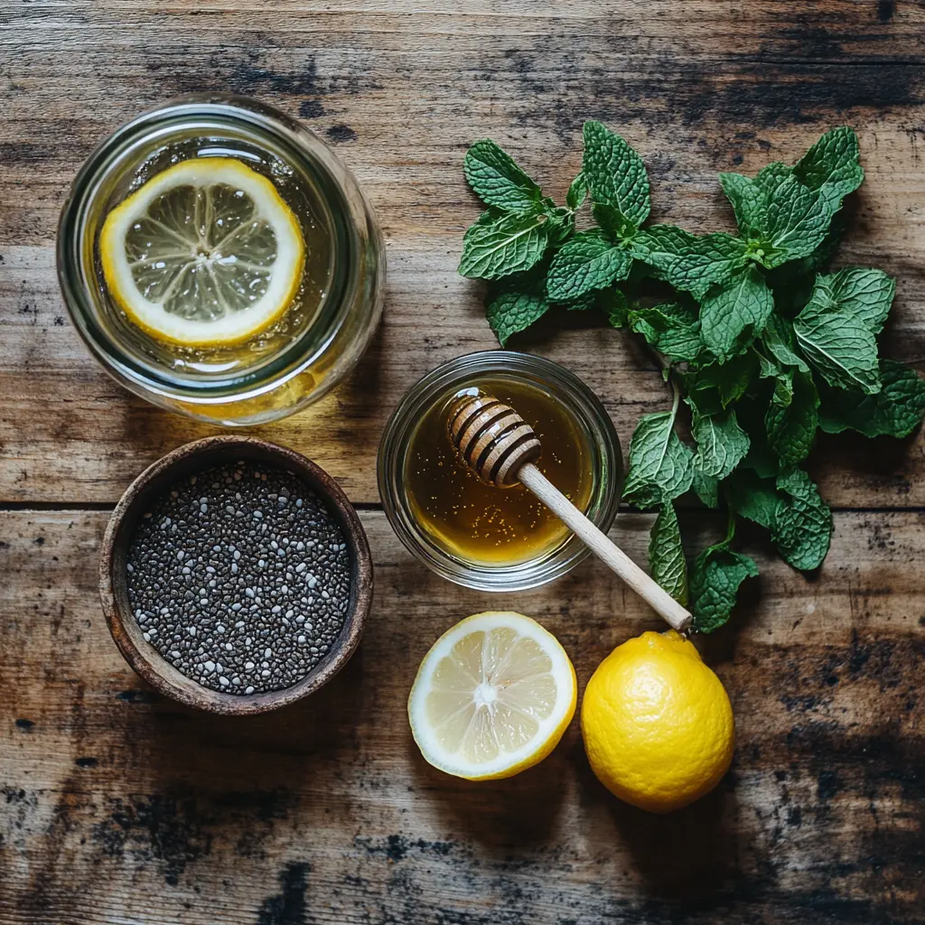 Ingredients for chia seeds recipe water on wooden table