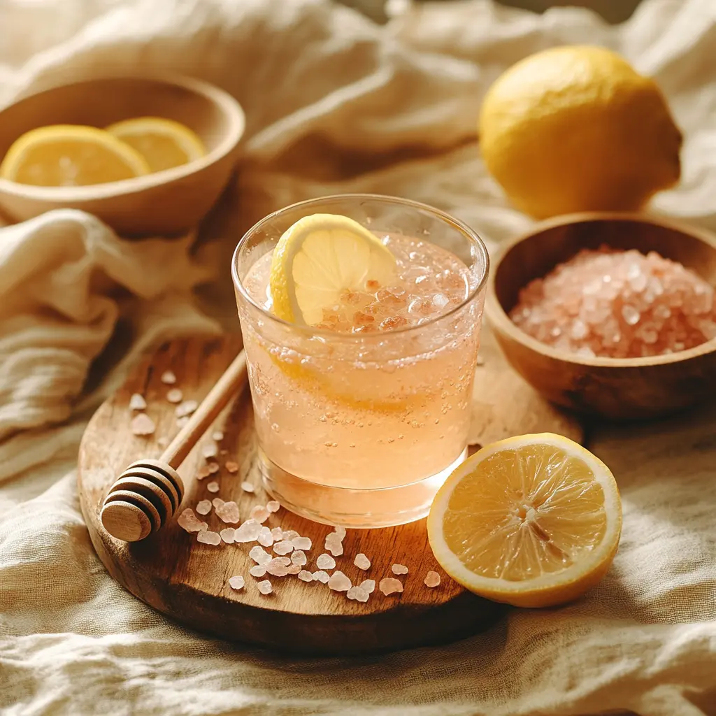pink salt detox water with lemon on a rustic wooden table and scattered Himalayan salt crystals