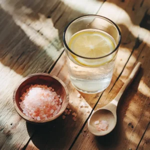 Pink Salt Diet Recipe for Weight Loss – detox drink with lemon and a wooden spoon of pink salt