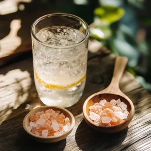 Himalayan pink salt recipes – daily detox drink fizzing with lemon beside bowls of pink rock salt
