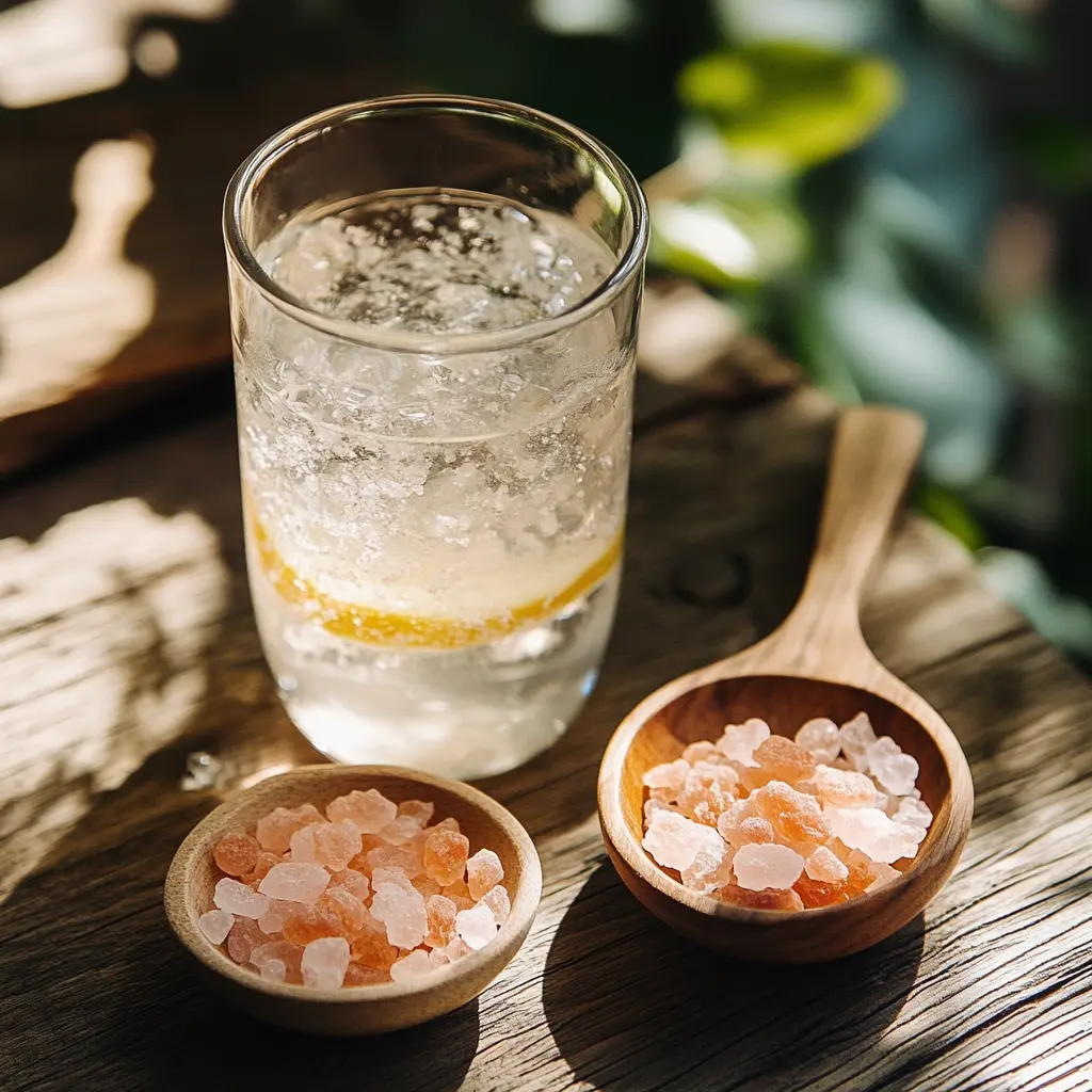 Himalayan pink salt recipes – daily detox drink fizzing with lemon beside bowls of pink rock salt