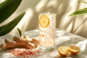 Homemade Mounjaro Recipe with Pink Salt in clear glass with lemon slices and ice
