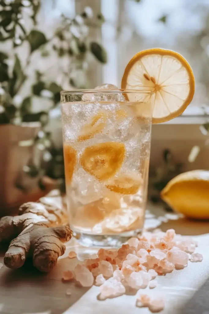 Homemade Mounjaro Recipe with Pink Salt in tall glass with floating lemon and pink salt grains