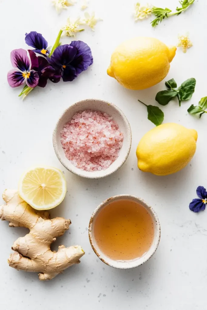 Homemade Mounjaro Recipe with Pink Salt ingredients flat lay with lemon, ginger, and flowers