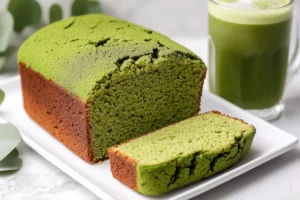 Matcha Pound Cake Recipe loaf and slice with vivid green color and iced drink