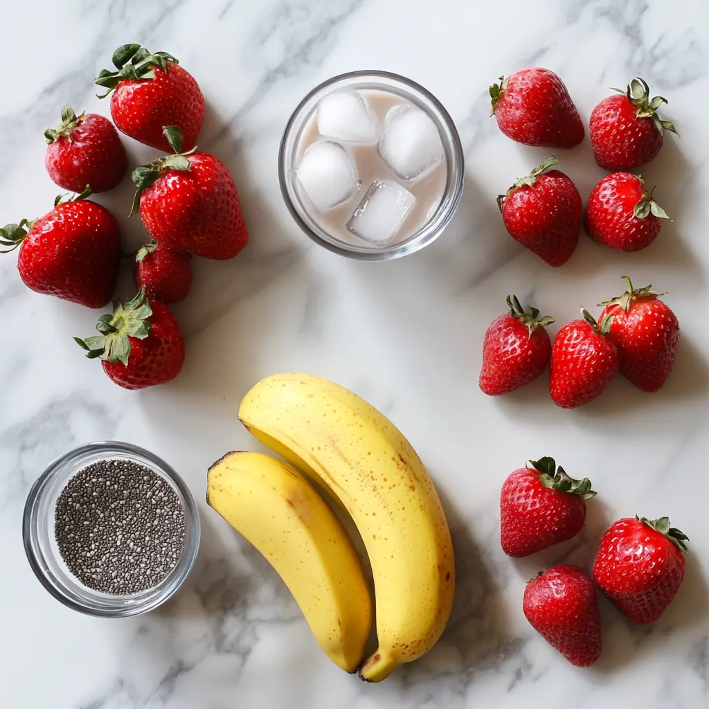 "Fresh strawberries, ripe bananas, almond milk with ice, and chia seeds on a marble surface"