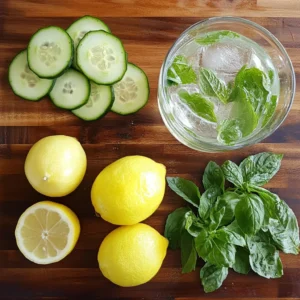 "Fresh cucumber slices, whole lemons, mint leaves, and a glass of infused water on a wooden surface"