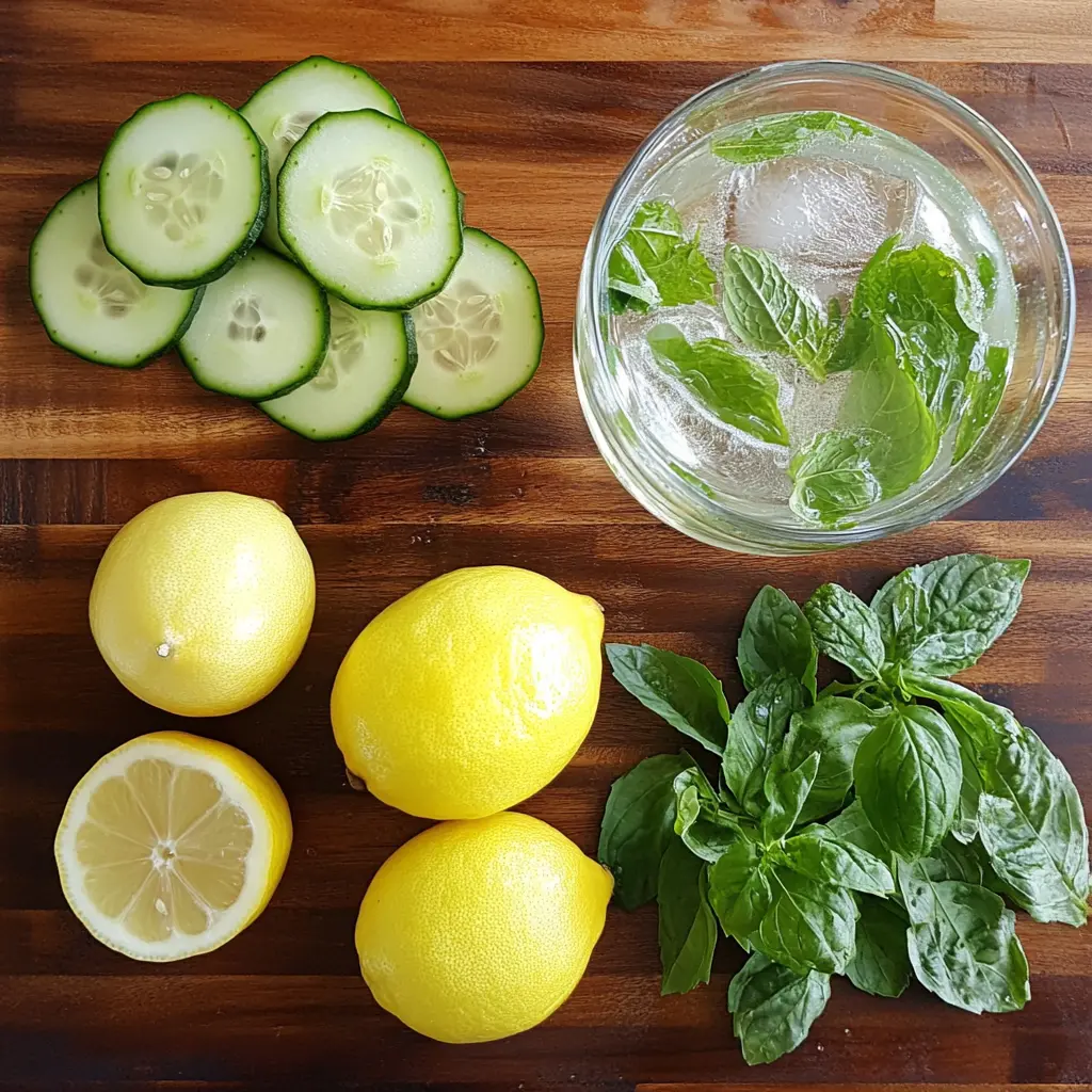 "Fresh cucumber slices, whole lemons, mint leaves, and a glass of infused water on a wooden surface"