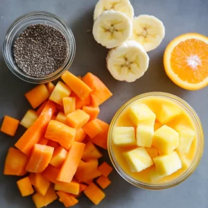 "Carrot chunks, pineapple, banana slices, chia seeds, and orange on a gray background"