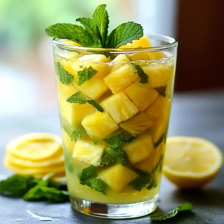 "Glass filled with pineapple chunks, fresh mint, lemon slices, and detox water"