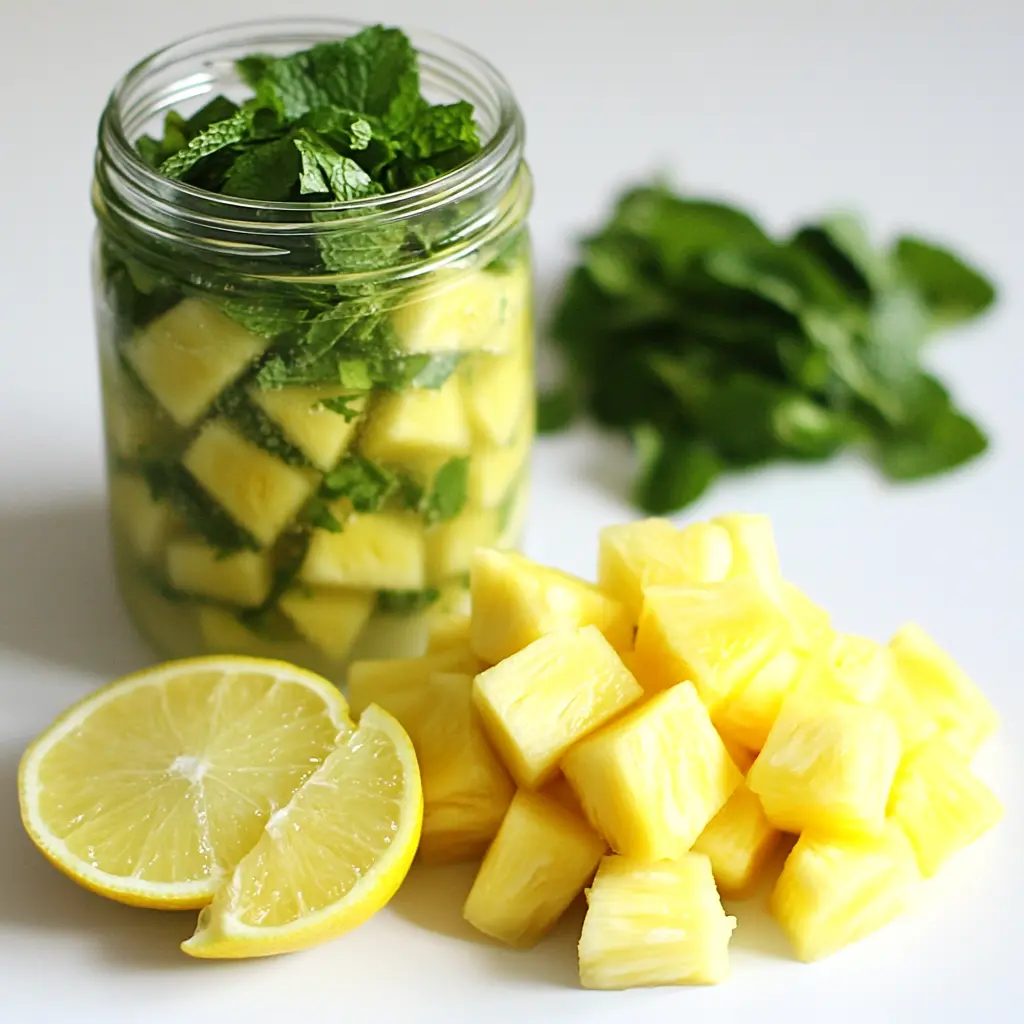 "Glass jar filled with pineapple chunks, mint leaves, lemon slices, and water"