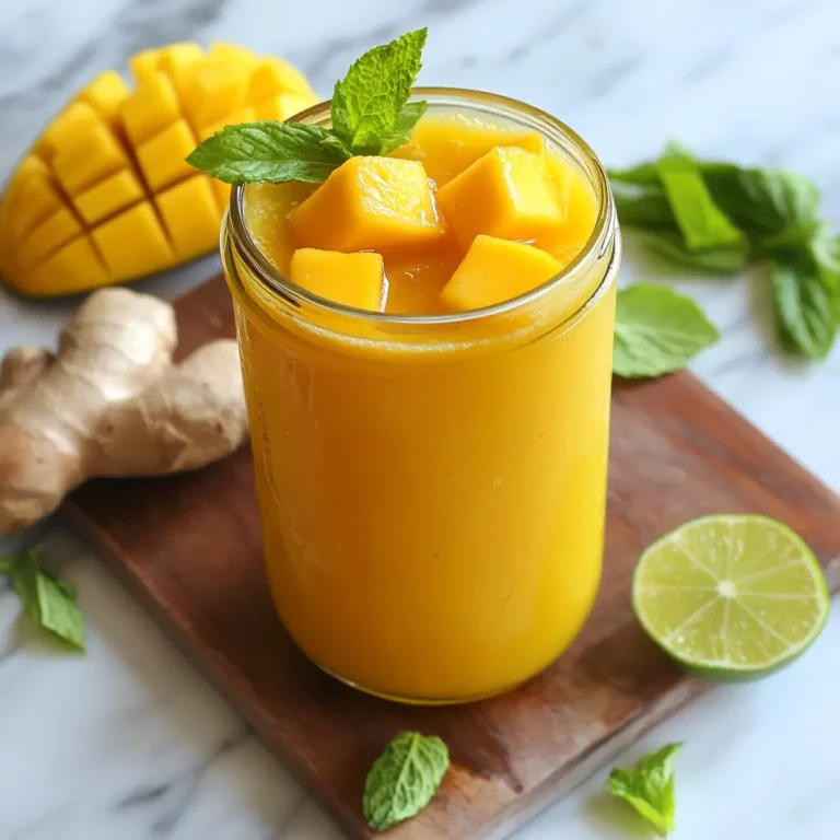 Refreshing mango ginger lime smoothie served in a glass jar topped with mango chunks and mint leaves