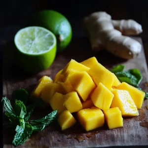 Fresh mango cubes, ginger root, mint leaves, and halved lime on a wooden cutting board