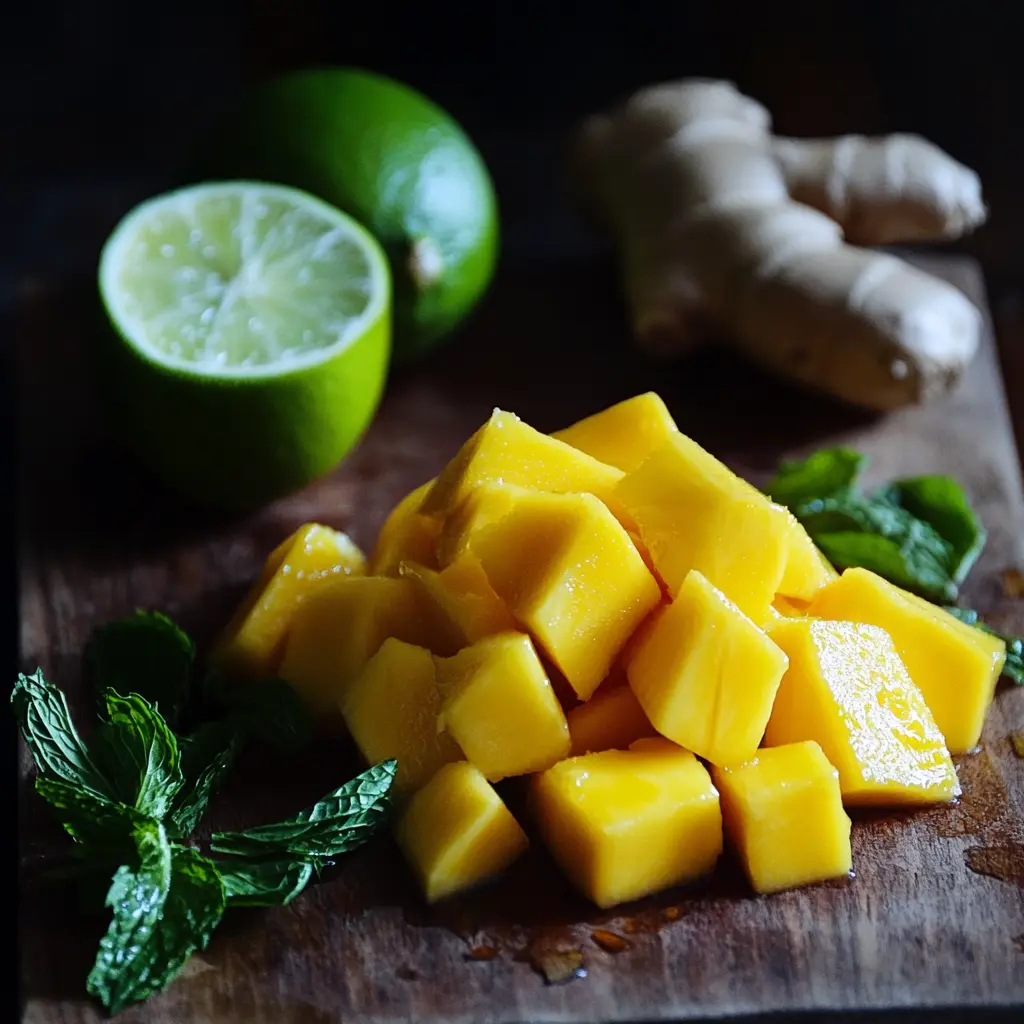 Fresh mango cubes, ginger root, mint leaves, and halved lime on a wooden cutting board