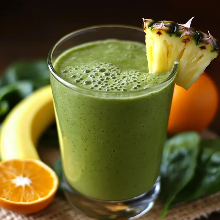 "Green tropical smoothie with pineapple garnish in a glass surrounded by banana and citrus"