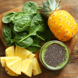 "Fresh spinach, pineapple chunks, whole pineapple, and chia seeds arranged on a wooden board"