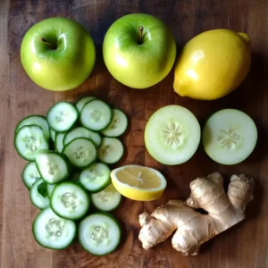 "Sliced cucumber, green apples, lemon, ginger, and cucumber halves on a wooden board"