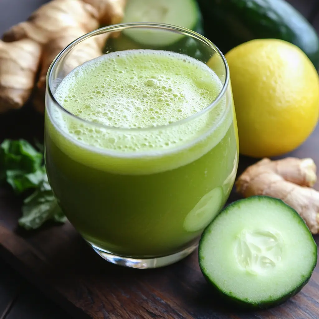 "Glass of green detox juice made with cucumber, apple, lemon, and ginger on a dark board"