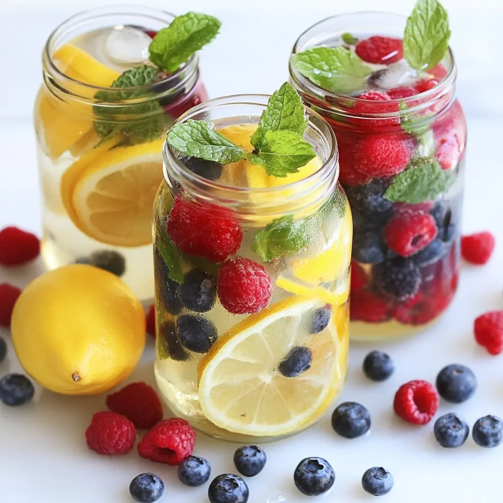"Glass filled with lemon slices, raspberries, blueberries, mint, and detox water"