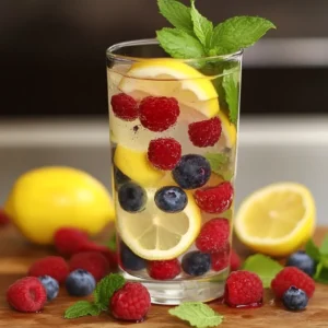 "Three mason jars filled with lemon slices, berries, mint, and water for detox hydration"