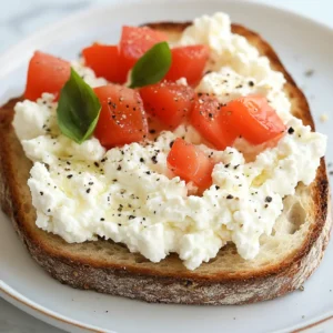 cottage cheese toast with tomatoes and basil for a high protein breakfast