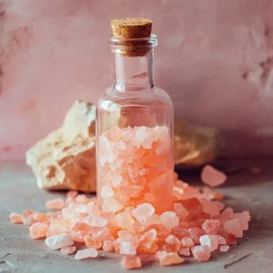 Himalayan pink salt recipes – vintage glass bottle filled with pink salt on a textured background