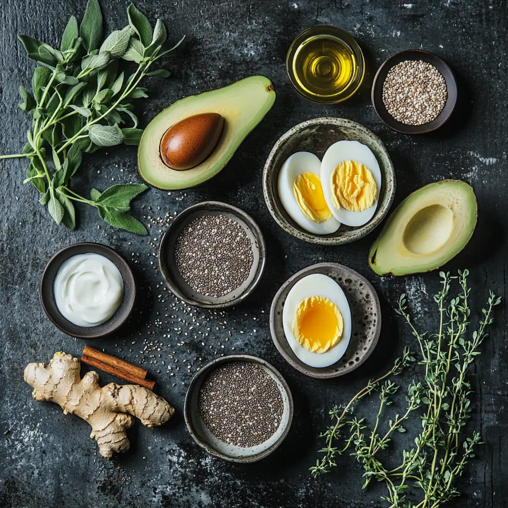 Homemade Mounjaro Recipe flat lay ingredients including chia, eggs, yogurt, and spices