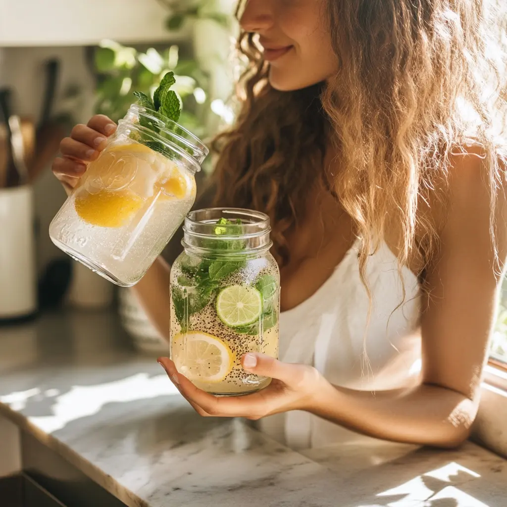 Homemade Mounjaro Recipe woman drinking detox water with lemon, chia, and mint