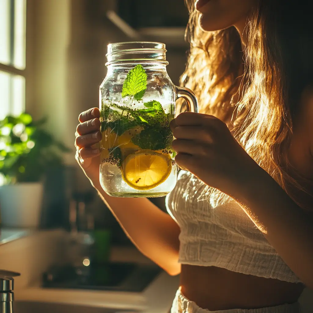 Homemade Mounjaro Recipe lifestyle photo with woman holding mason jar of detox water