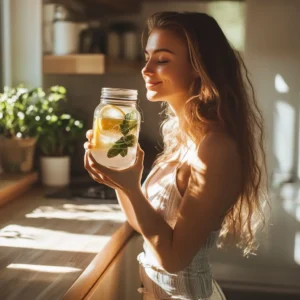 Homemade Mounjaro Recipe woman in sunny kitchen drinking pink salt detox water