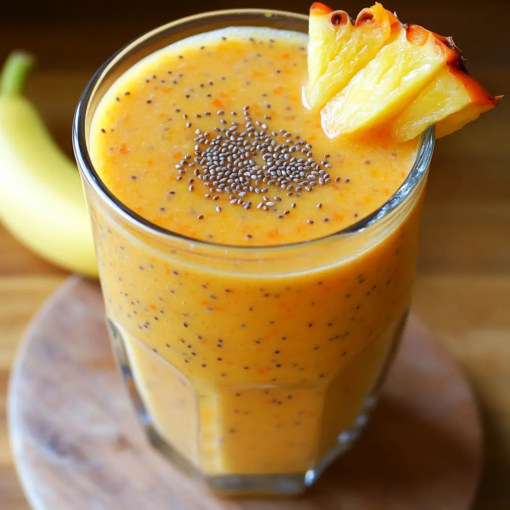 "Tropical carrot smoothie with pineapple and chia seeds served in a tall glass"