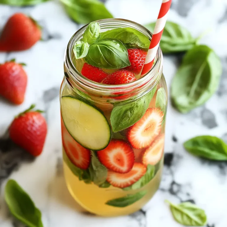 "Mason jar filled with strawberry slices, cucumber rounds, and basil leaves for detox water"