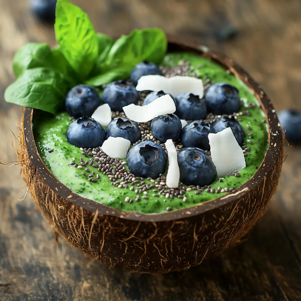 Healthy green smoothie bowl for weight loss topped with blueberries, coconut flakes, and chia seeds in a coconut shell