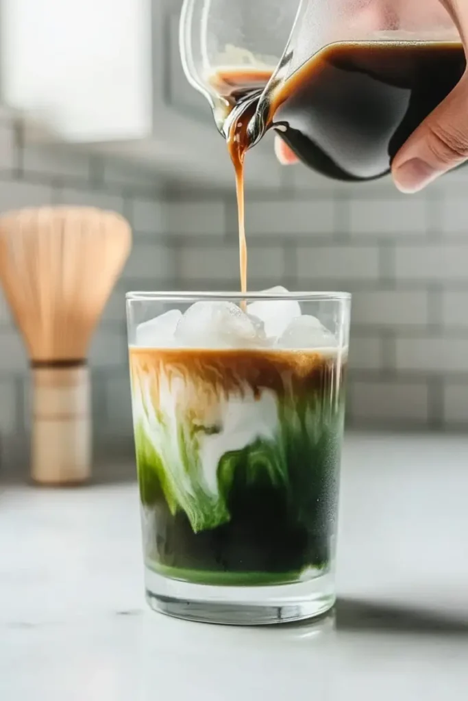 Pouring espresso into iced matcha latte in clear glass